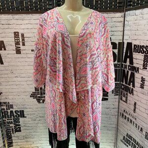 LulaRoe L Pink Print Draped Open Front Fringe Trim Topper